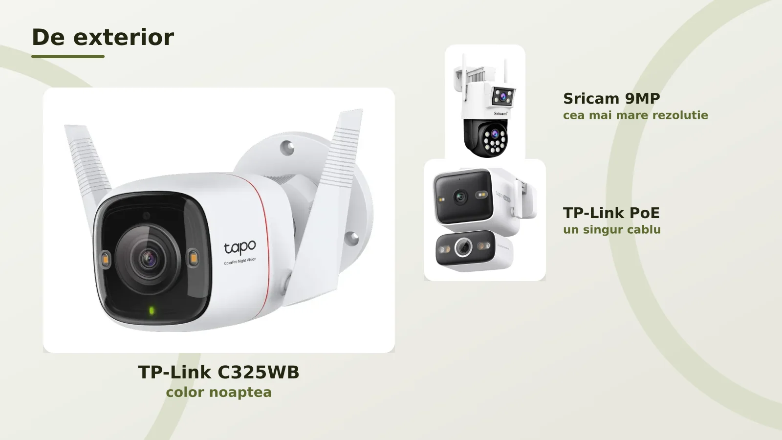 Camere de supraveghere de exterior: TP-Link Tapo C325WB, Sricam si PoE