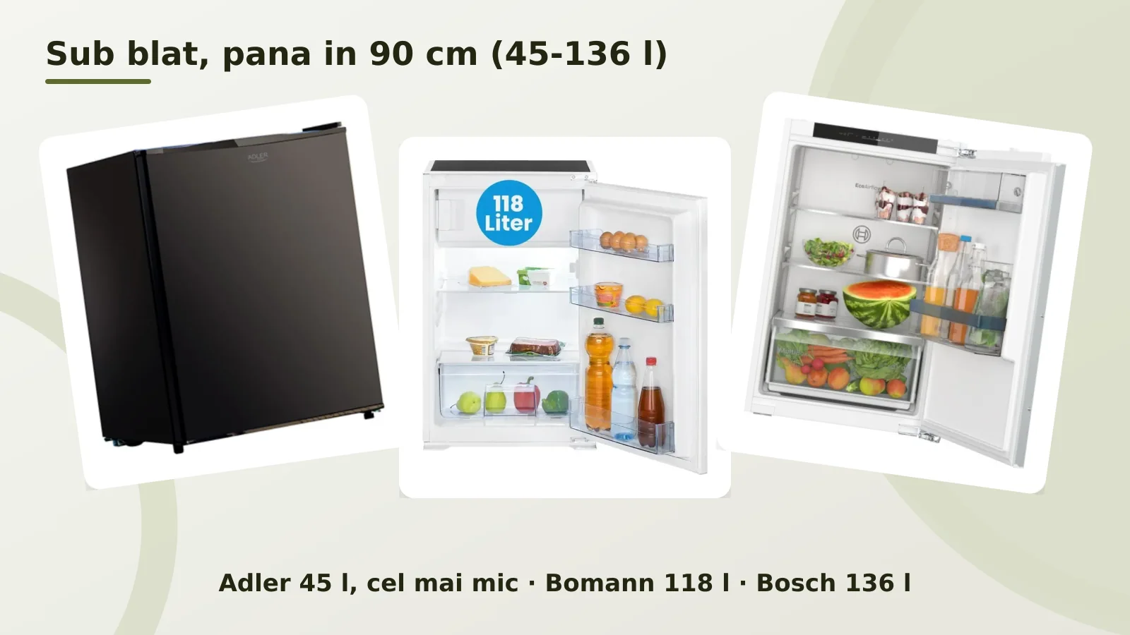 Frigidere incorporabile sub blat, Adler 45 l, Bomann 118 l si Bosch 136 l