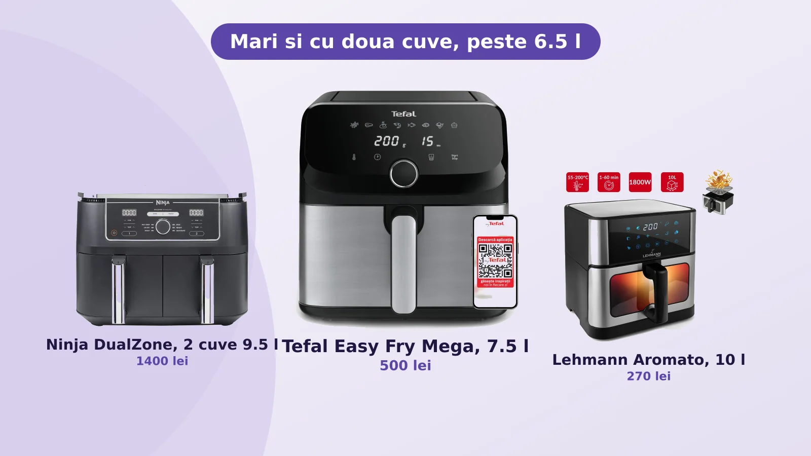 Friteuze cu aer cald mari si cu doua cuve, peste 6.5 litri, Tefal Mega, Ninja DualZone si Lehmann