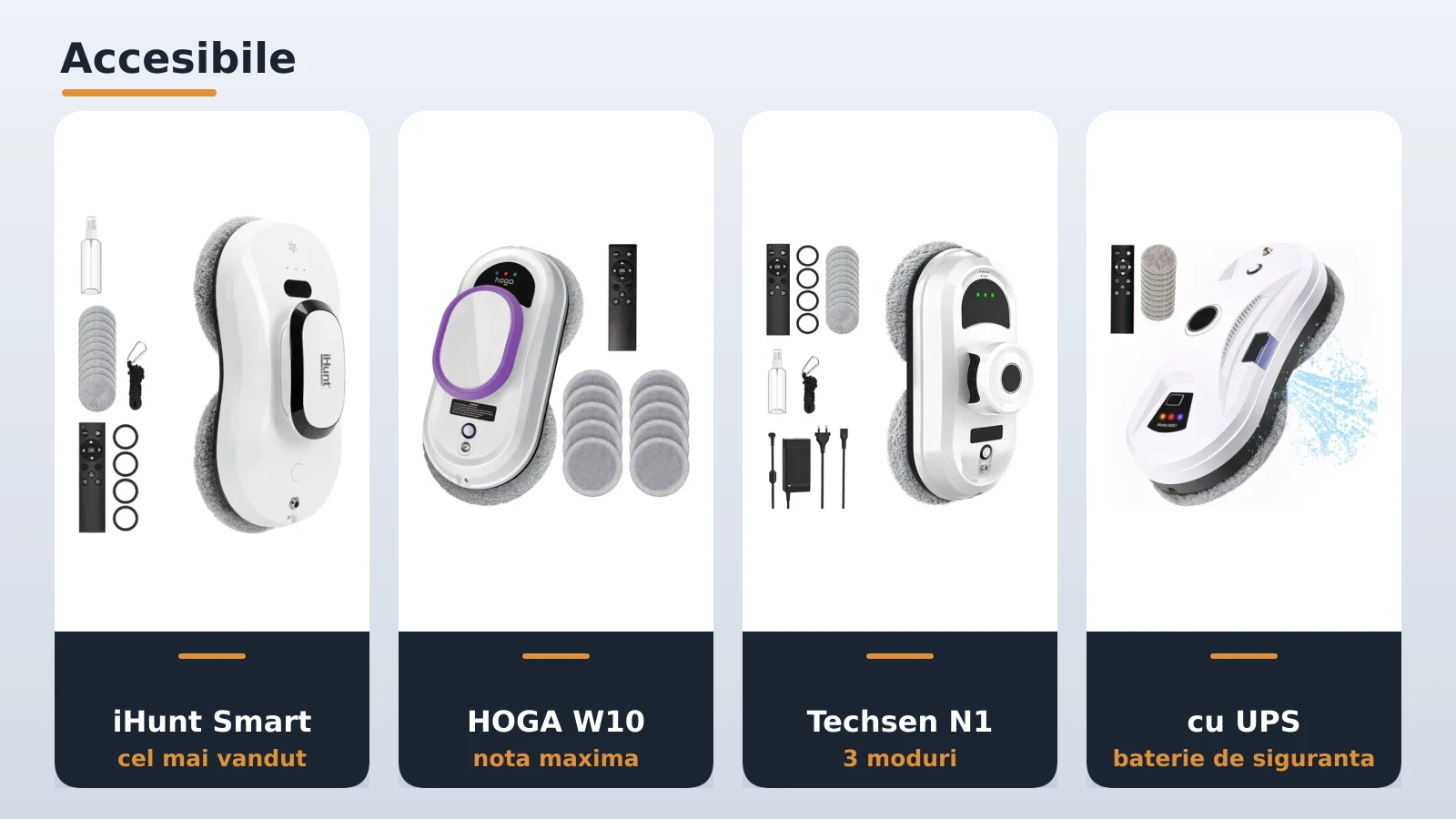 Roboti de curatat geamuri accesibili: iHunt, HOGA, Techsen