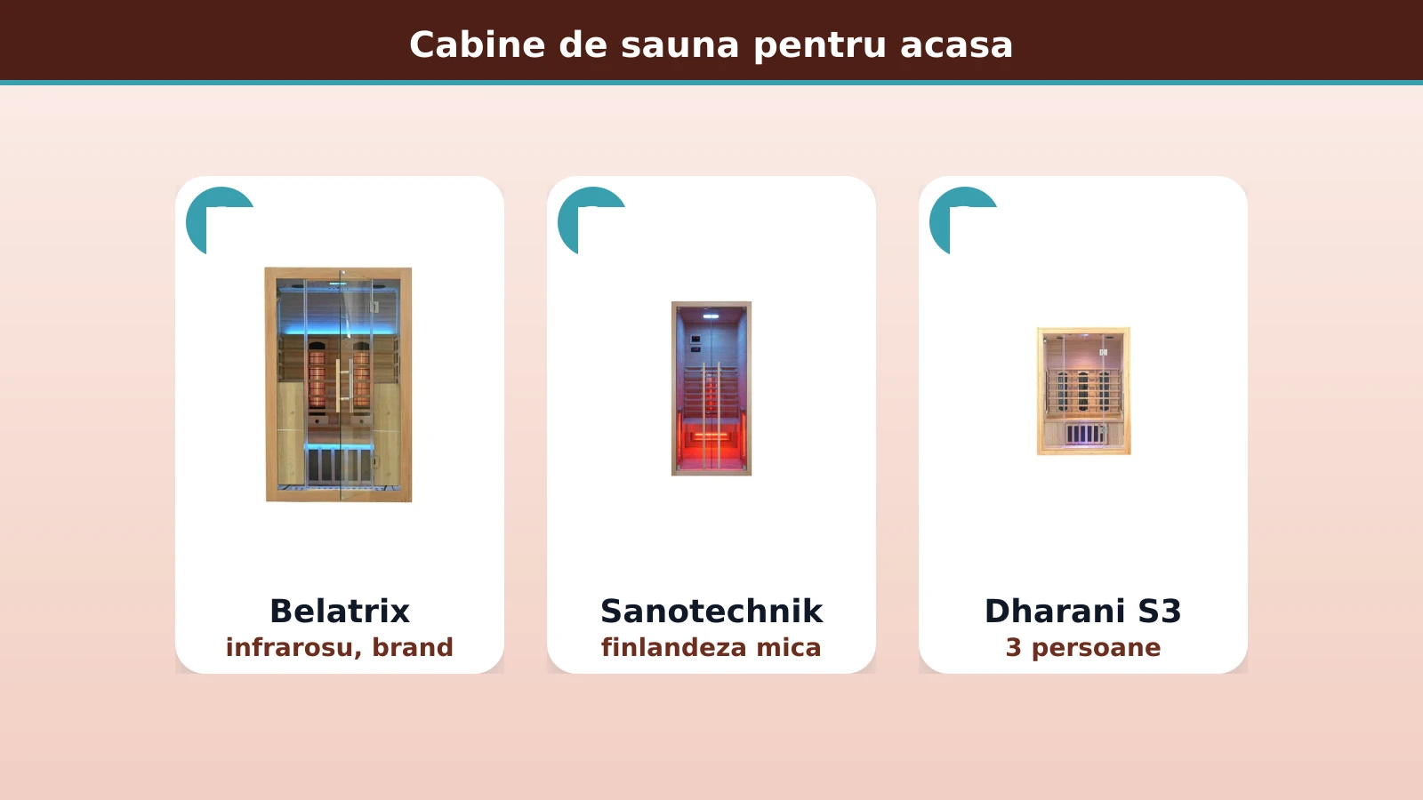Cabine de sauna pentru acasa: Belatrix, Sanotechnik si Dharani