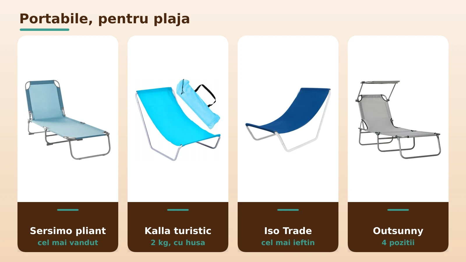 Sezlonguri portabile pentru plaja: Sersimo, Kalla, Iso Trade, Outsunny