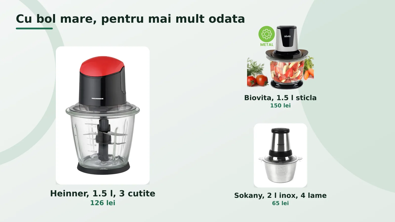 Tocatoare de legume cu bol mare de sticla si inox, Heinner, Biovita si Sokany