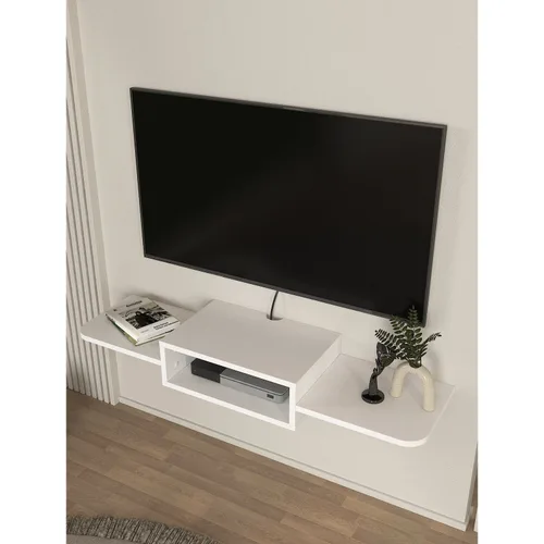Comoda TV UnicUtil Suspendata cu Polite Laterale si Raft Deschis, Comoda Living pentru Televizor, PAL Alb, Lungime 120 cm, Adancime 29.6 cm, Inaltime 15.6 cm, Design Modern pentru Sufragerie