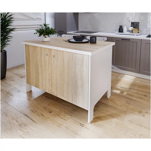 Insula bucatarie KringX Berlin, 126x77x90 cm, cu 2 usi, culoare alb / sonoma