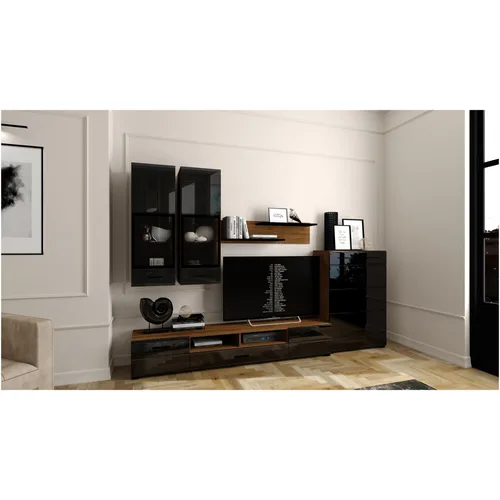 Living/Biblioteca KringX Maia, Stejar/Negru lucios, 285 x 190 x 40 cm, include iluminare LED