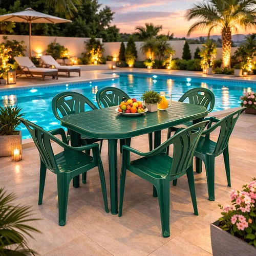 Set masa Gradina idealStore cu 6 Scaune si Masa 135x82x75cm, Rezistenta Sporita, Polipropilena de Inalta Calitate, Rezistent UV, Rezistent la Apa si Temperaturi Ridicate, Orificiu pentru Umbrela, Picioare Detasabile, Verde Menta
